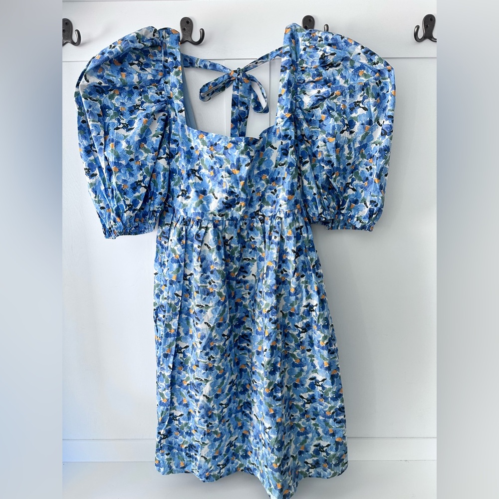 NWT Anthropologie JacquieTheLabel Blue Floral puff sleeve Mini Dress  - Size L
